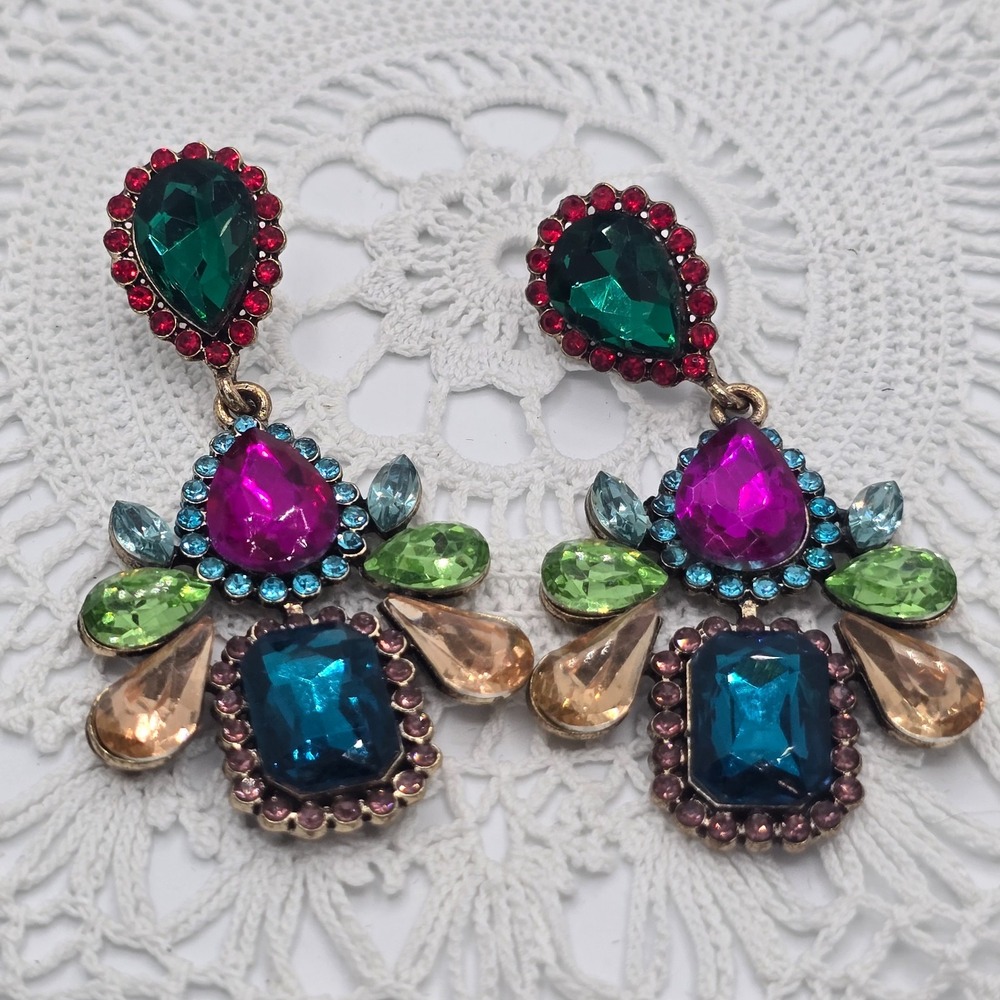 Bold Multi Color Jewel Tone Earrings Pierced Dangle Statement Runway Mardi Gras